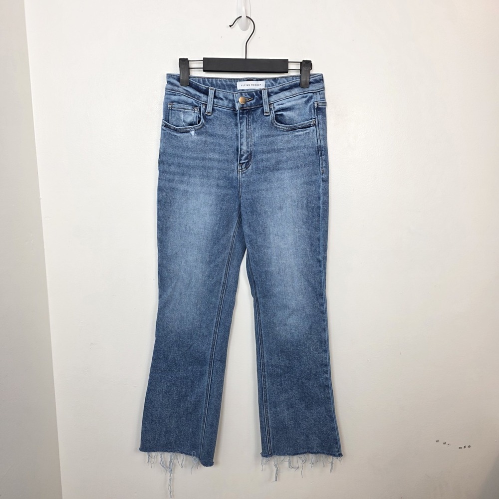 Flying Monkey Medium Wash Mid Rise Crop Flare Raw Hem Cute Casual Jeans Size 26